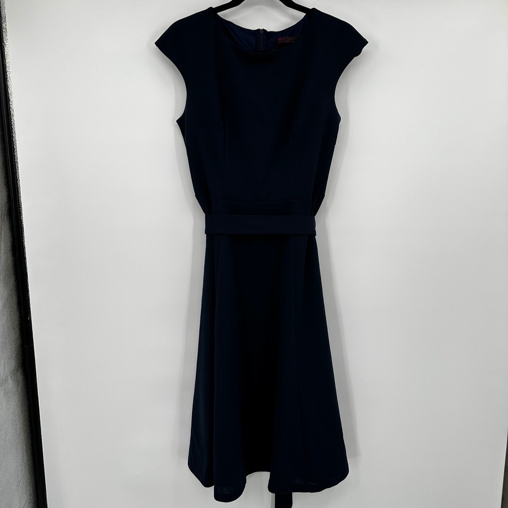 Dress Tells Navy Blue Cap Sleeve Fit and Flare Midi Dress Belt Size Medium Party